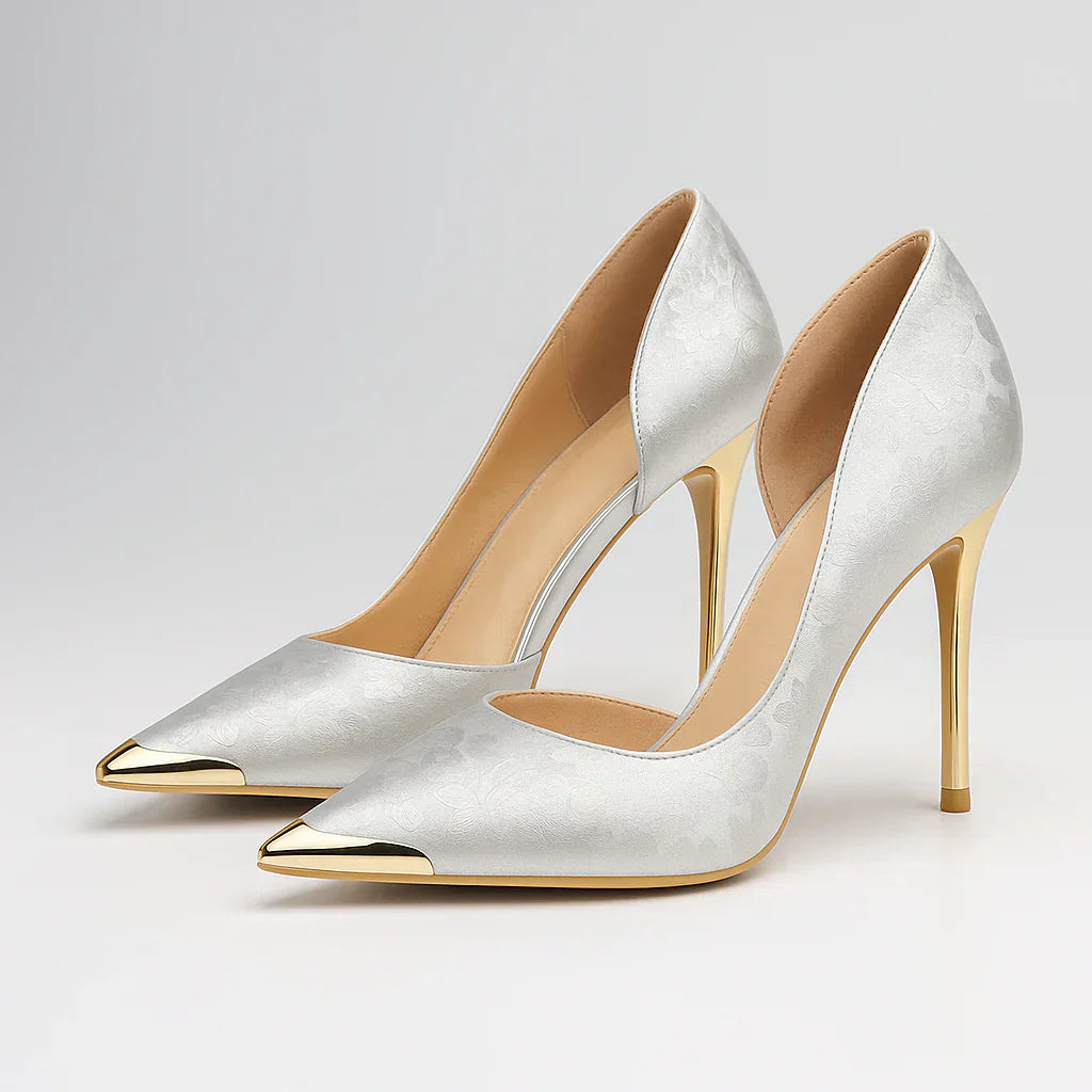 Tacones Mujer De Satén Con Punta Dorada – Zapatos Elegantes Para Eventos
