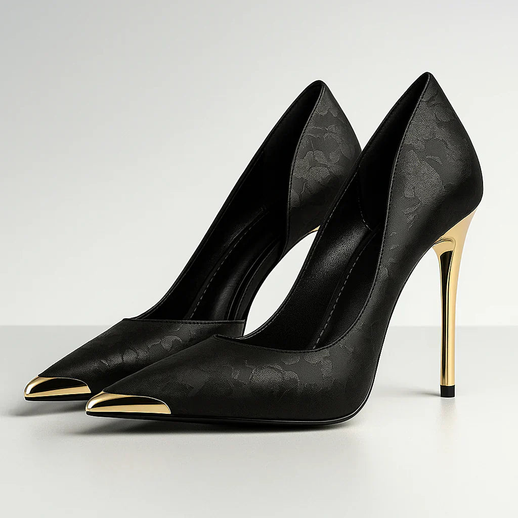 Tacones Mujer De Satén Con Punta Dorada – Zapatos Elegantes Para Eventos