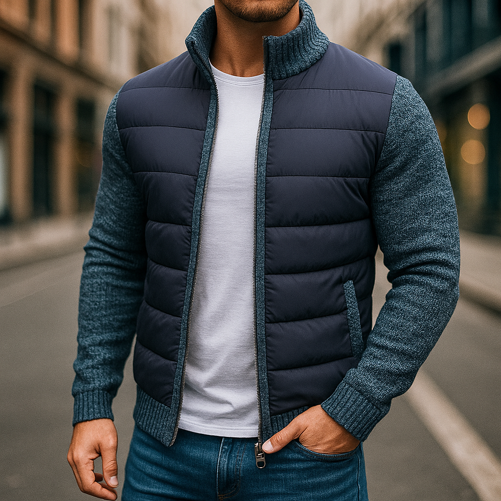 Chaqueta acolchada para hombre con mangas de punto y cuello alto