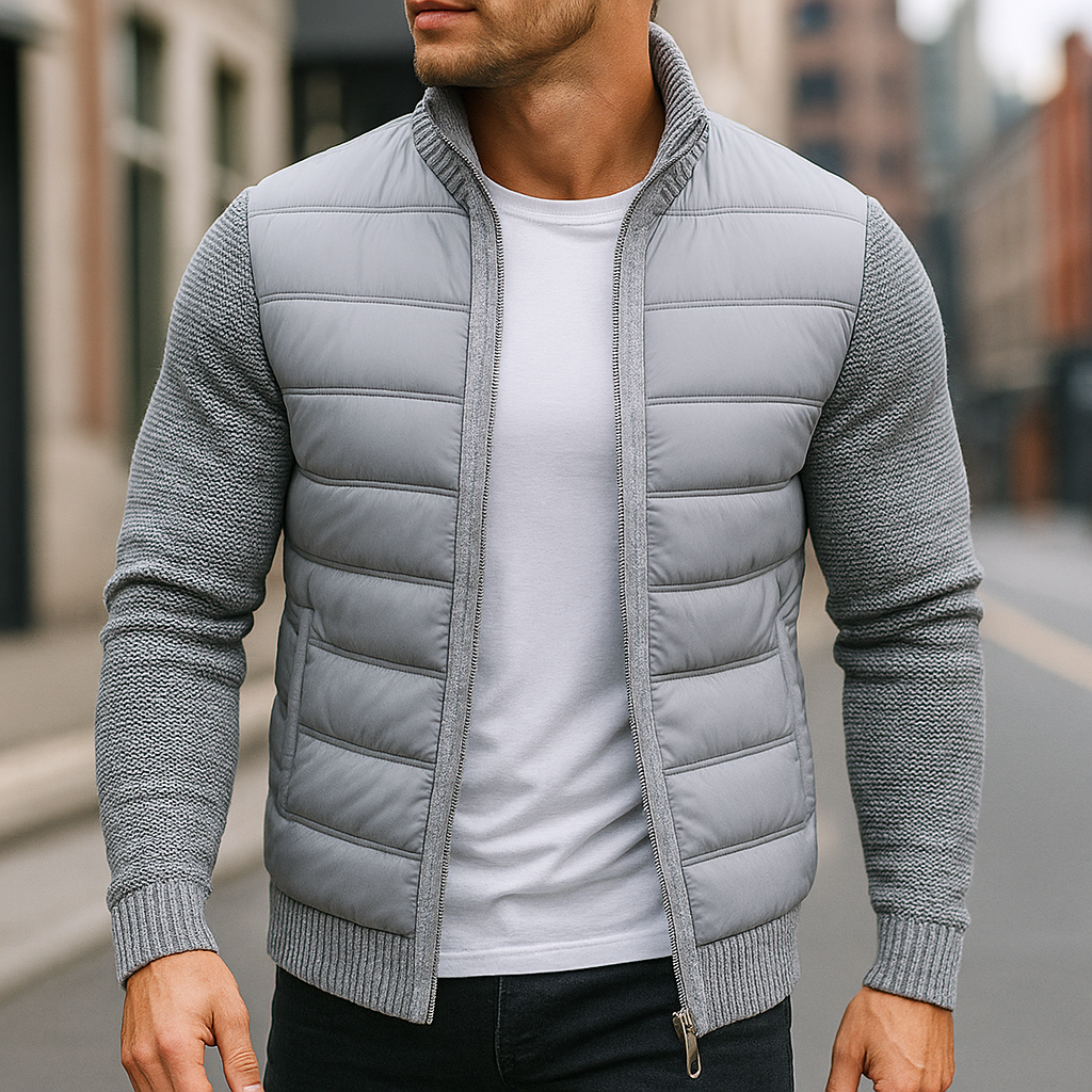 Chaqueta acolchada para hombre con mangas de punto y cuello alto