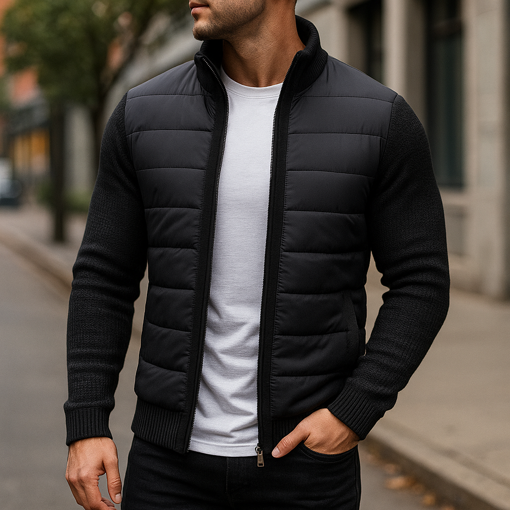 Chaqueta acolchada para hombre con mangas de punto y cuello alto