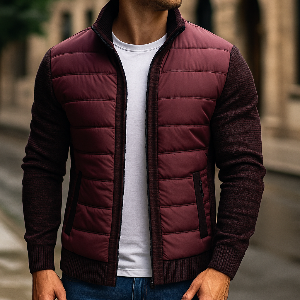 Chaqueta acolchada para hombre con mangas de punto y cuello alto