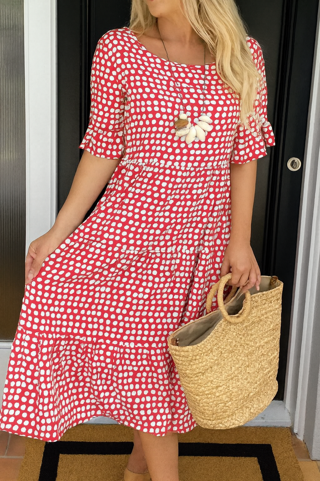 Vestido midi mujer lunares manga corta vuelo por niveles casual elegante verano