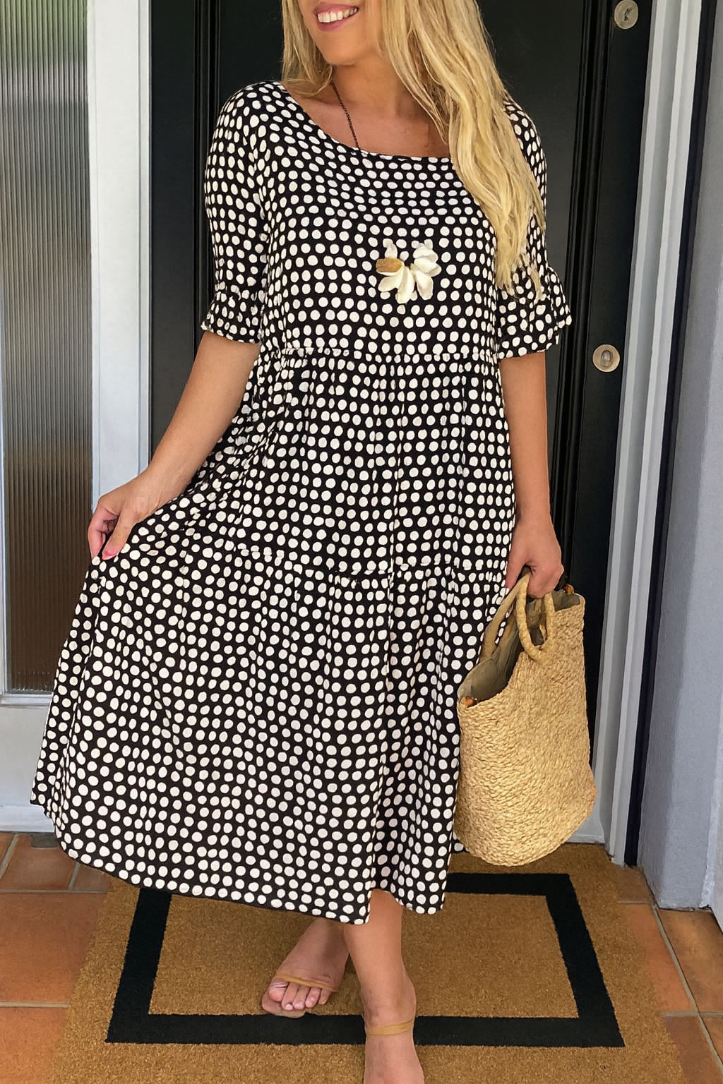 Vestido midi mujer lunares manga corta vuelo por niveles casual elegante verano