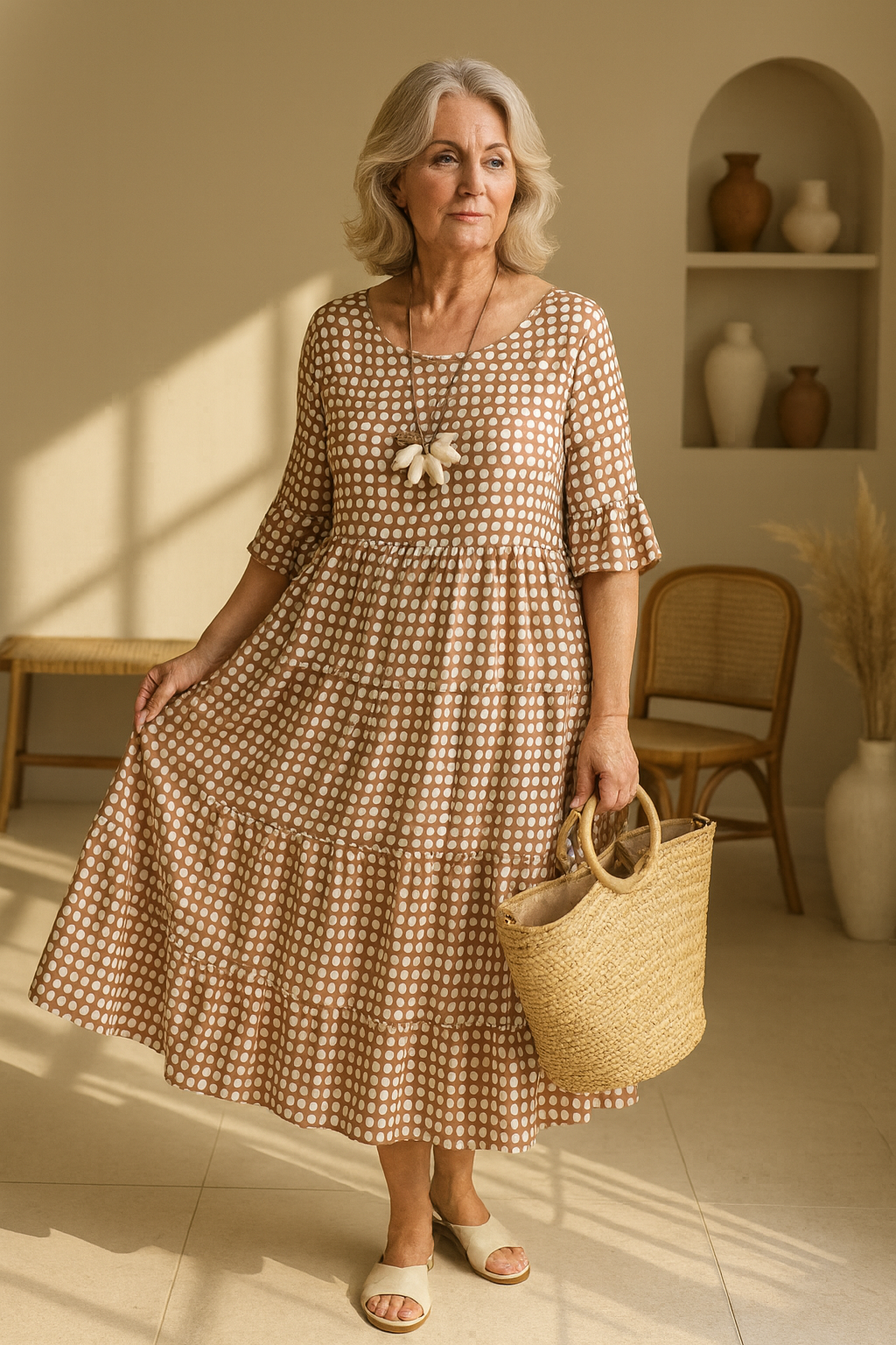 Vestido midi mujer lunares manga corta vuelo por niveles casual elegante verano