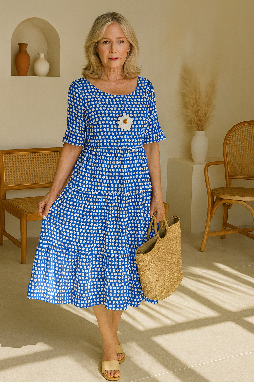 Vestido midi mujer lunares manga corta vuelo por niveles casual elegante verano