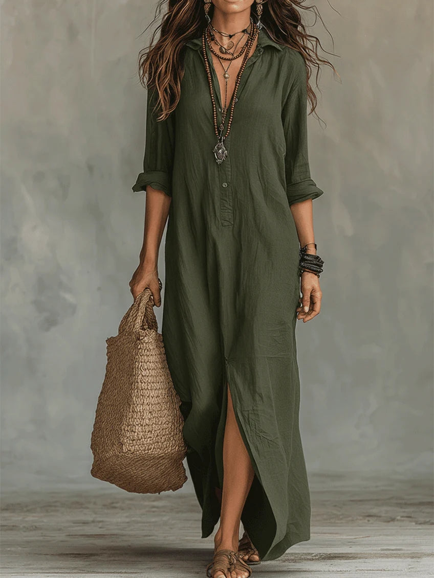 Vestido largo mujer fluido elegante con botones – vestido camisero ligero estilo atemporal