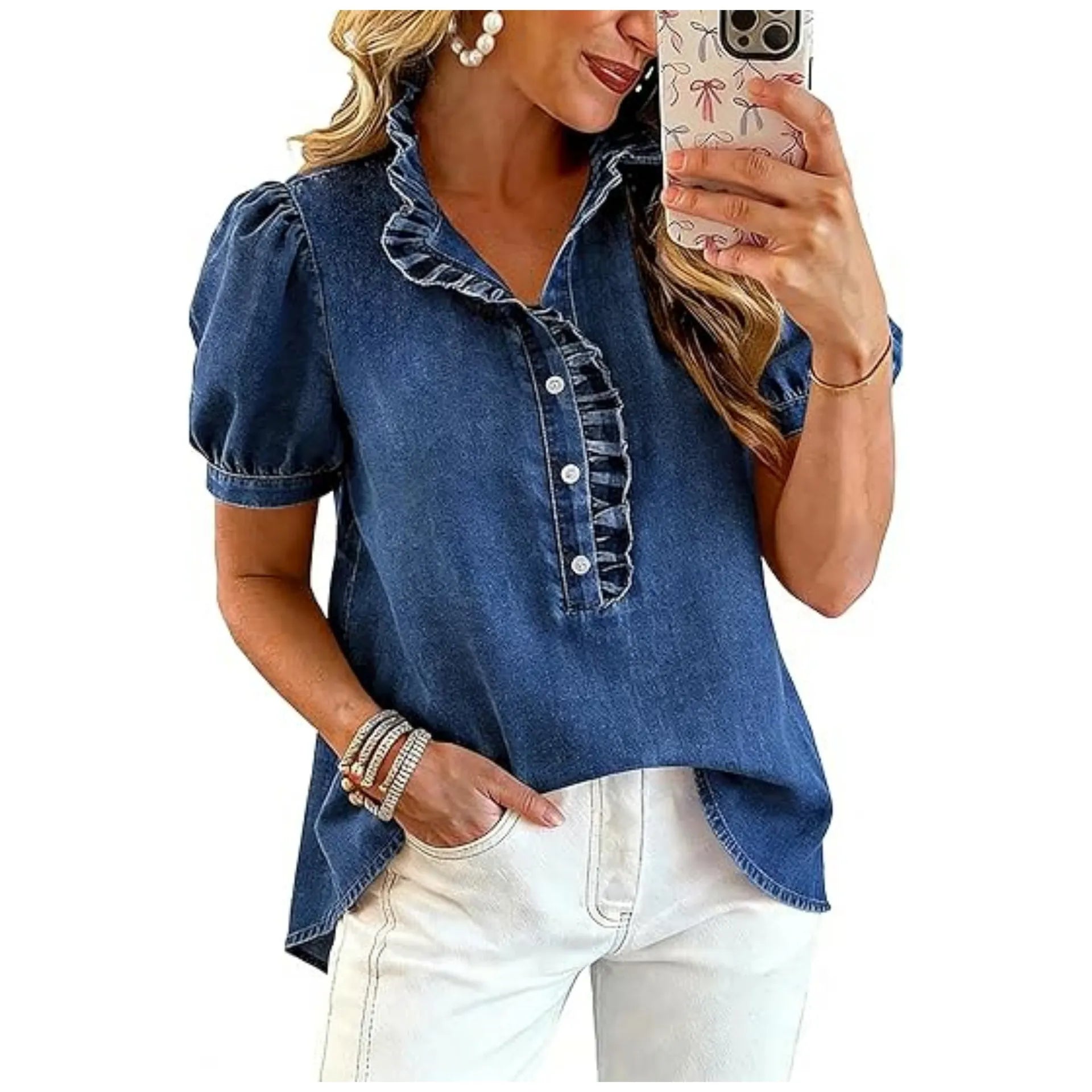 Top denim mujer con cuello volante y mangas abullonadas
