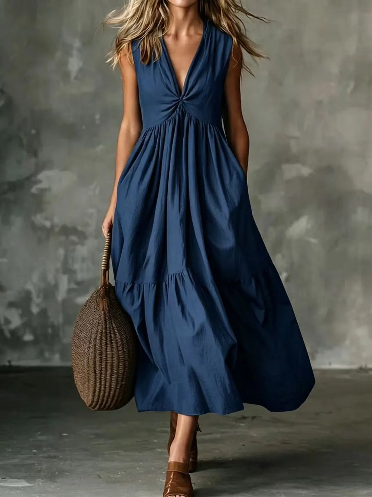 Vestido midi sin mangas para mujer con escote en V y bolsillos