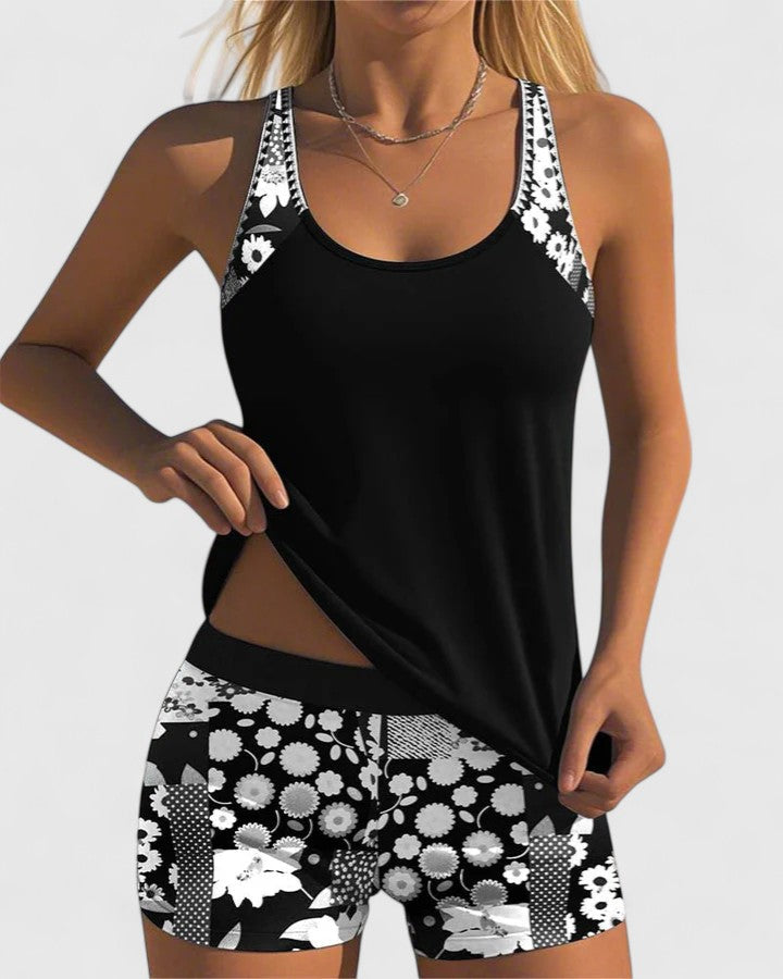 Tankini mujer dos piezas floral top liso espalda nadadora shorts deportivos