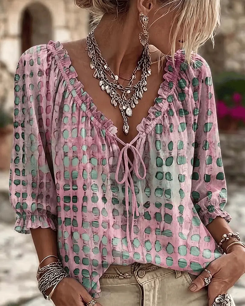Blusa mujer de lunares con escote en V y cordón ajustable