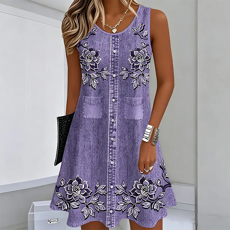 Vestido mujer sin mangas floral con botones y corte en A