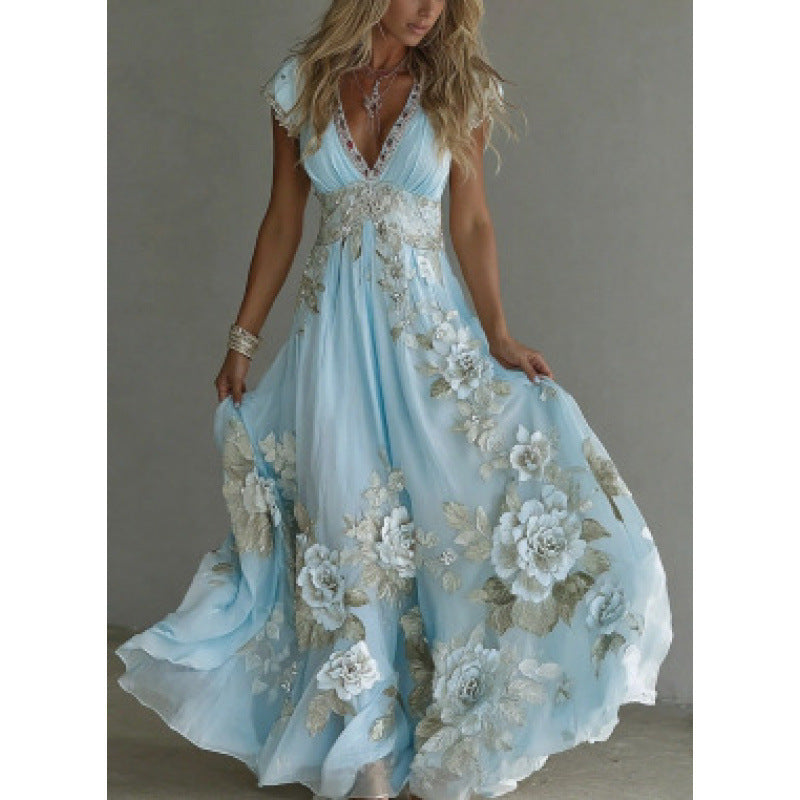 Vestido largo de mujer en chiffon con encaje bordado