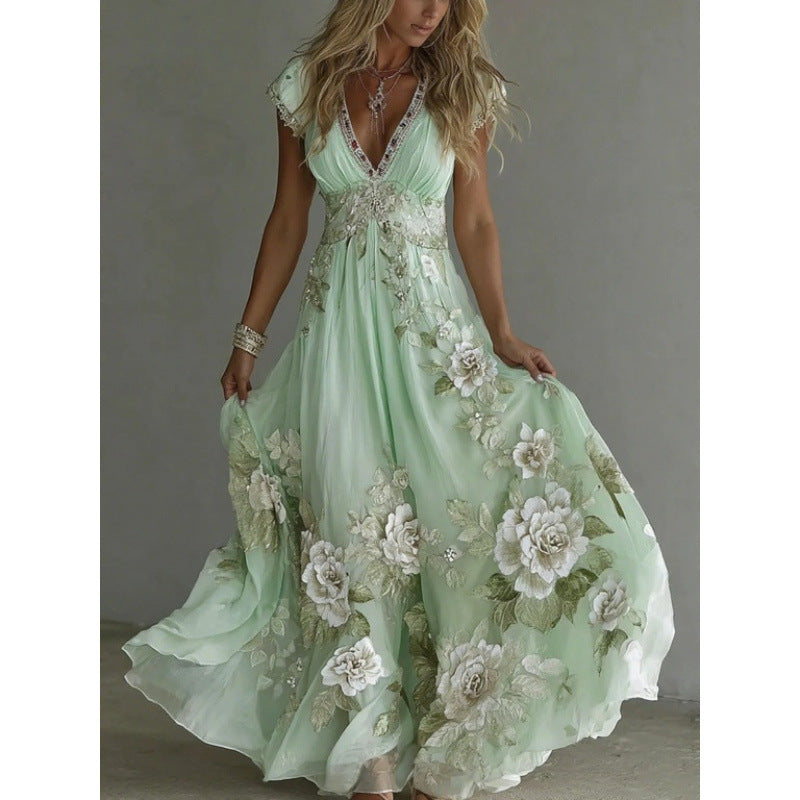 Vestido largo de mujer en chiffon con encaje bordado