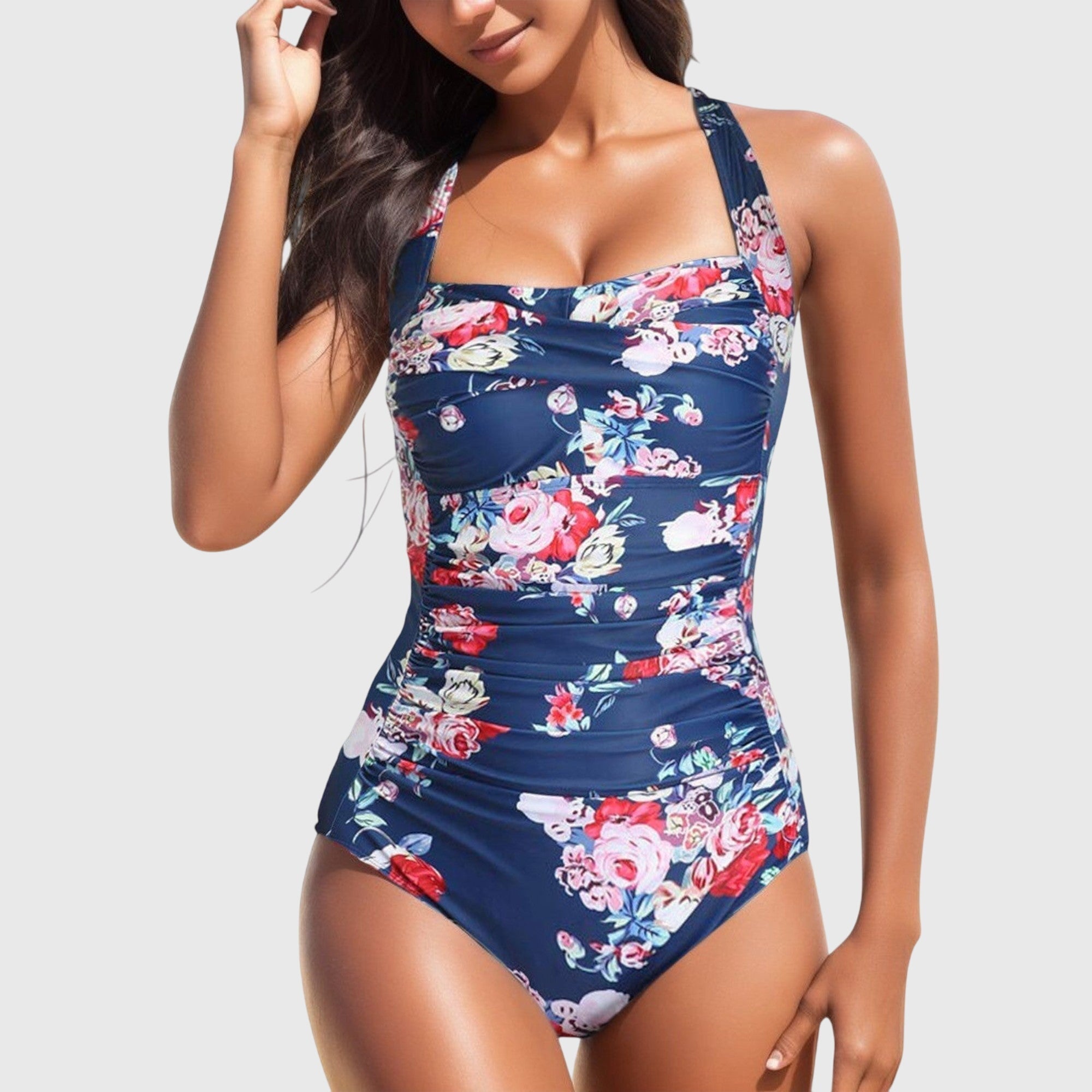 Bañador mujer una pieza estampado tropical fruncido halter moldeador playa