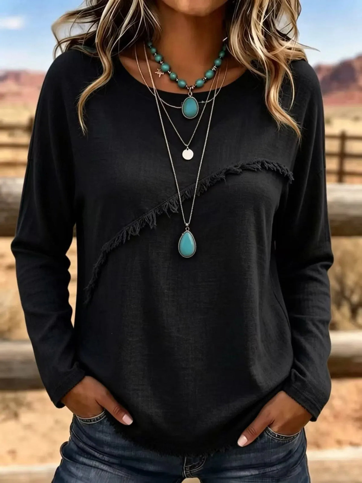 Blusa bohemia para mujer con flecos y manga larga relajada