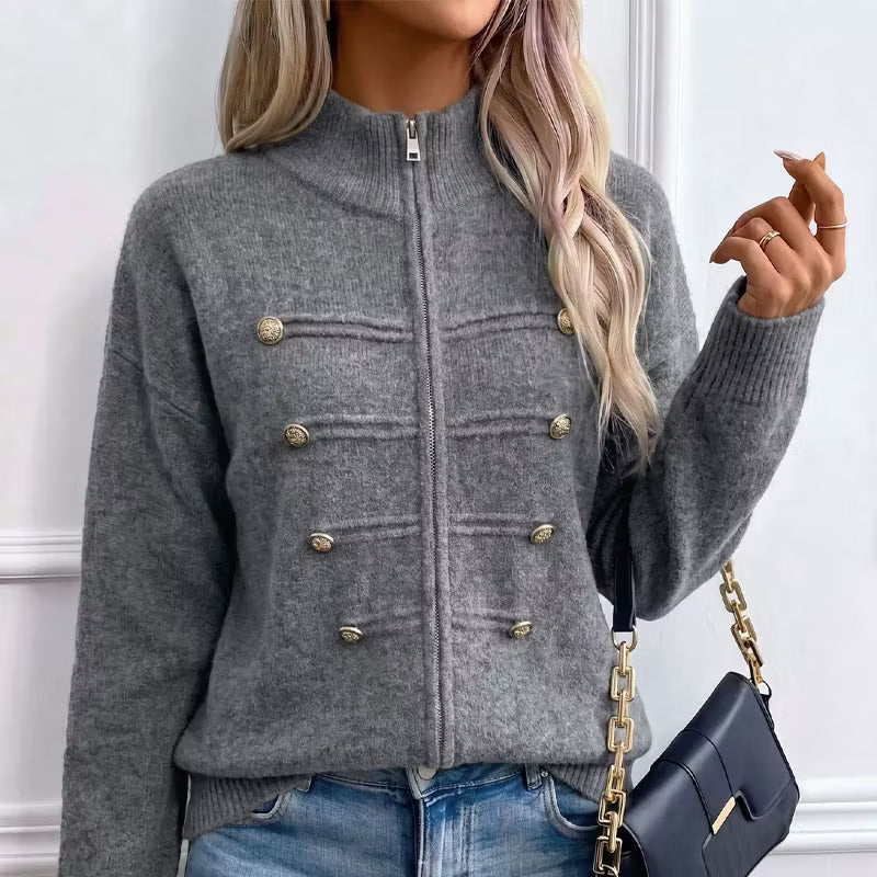 Cárdigan de punto para mujer con cuello alto, cremallera y botones decorativos