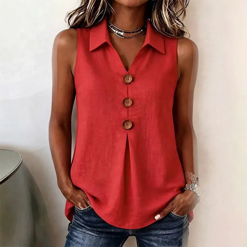 Camisa sin mangas mujer con cuello solapa y botones decorativos