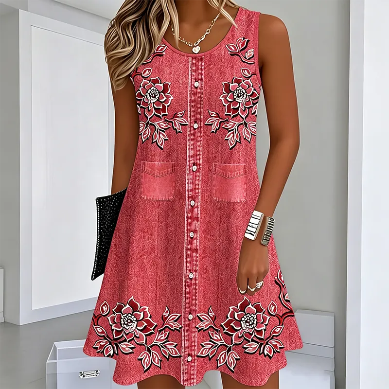 Vestido mujer sin mangas floral con botones y corte en A