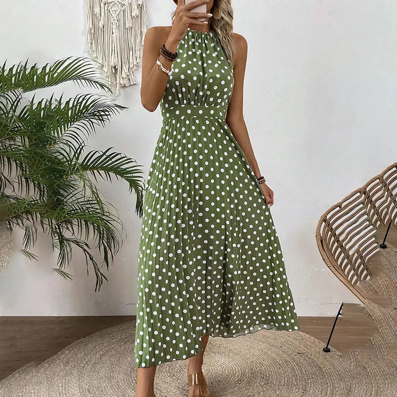 Vestido maxi de mujer con lunares y cuello halter