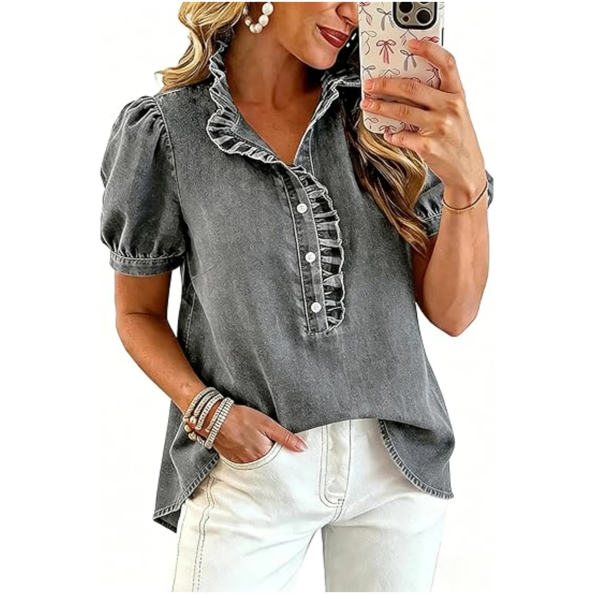 Top denim mujer con cuello volante y mangas abullonadas