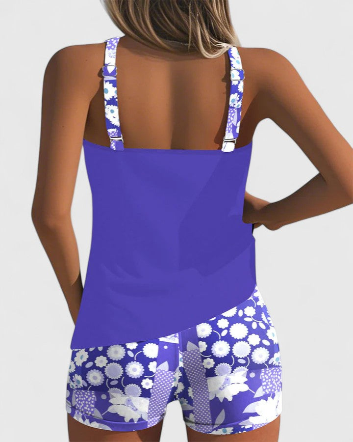 Tankini mujer dos piezas floral top liso espalda nadadora shorts deportivos