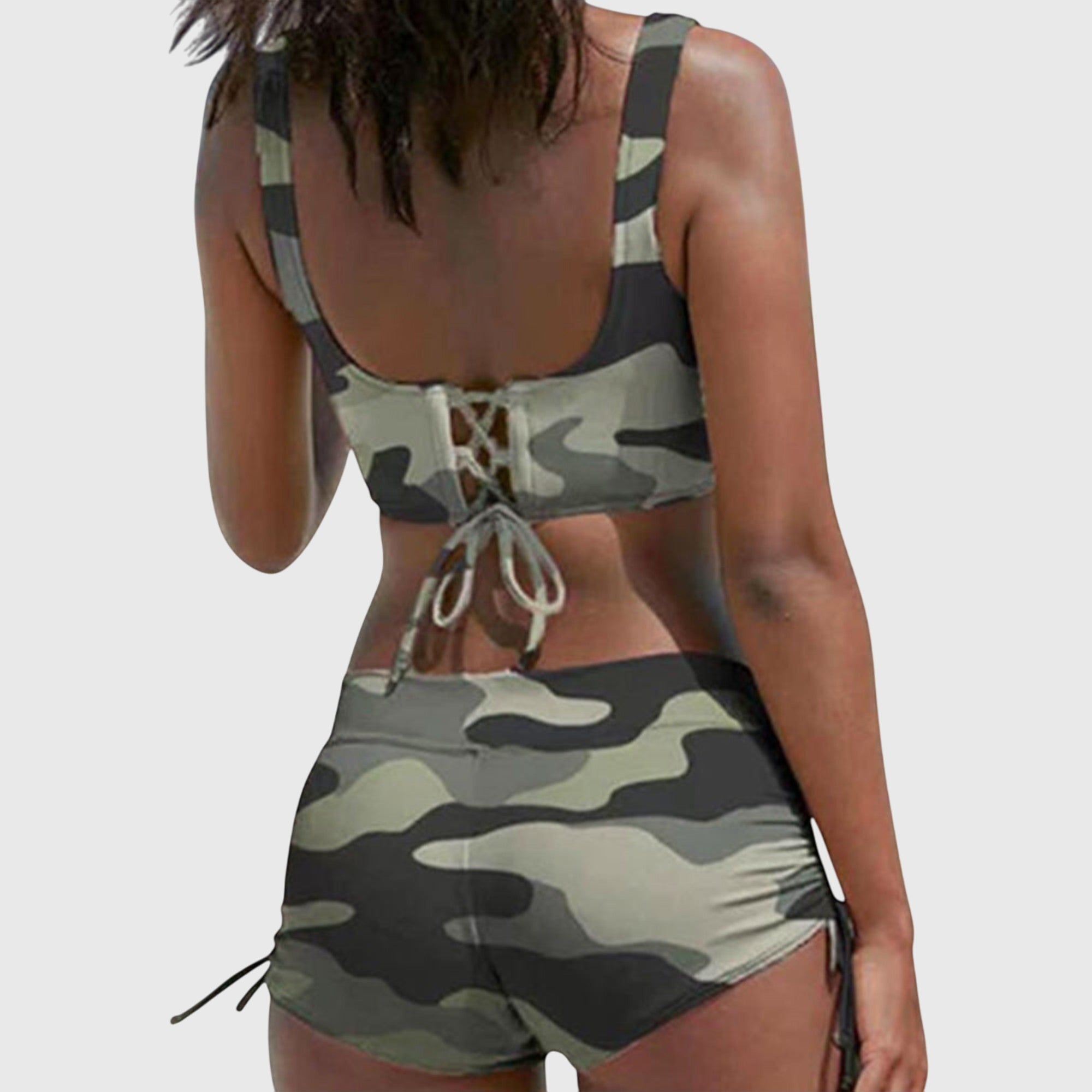 Bikini mujer dos piezas estampado camuflaje top cruzado shorts fruncidos playa