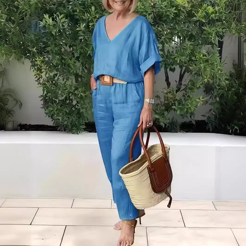 Conjunto mujer cuello V pantalón recto bolsillos casual chic