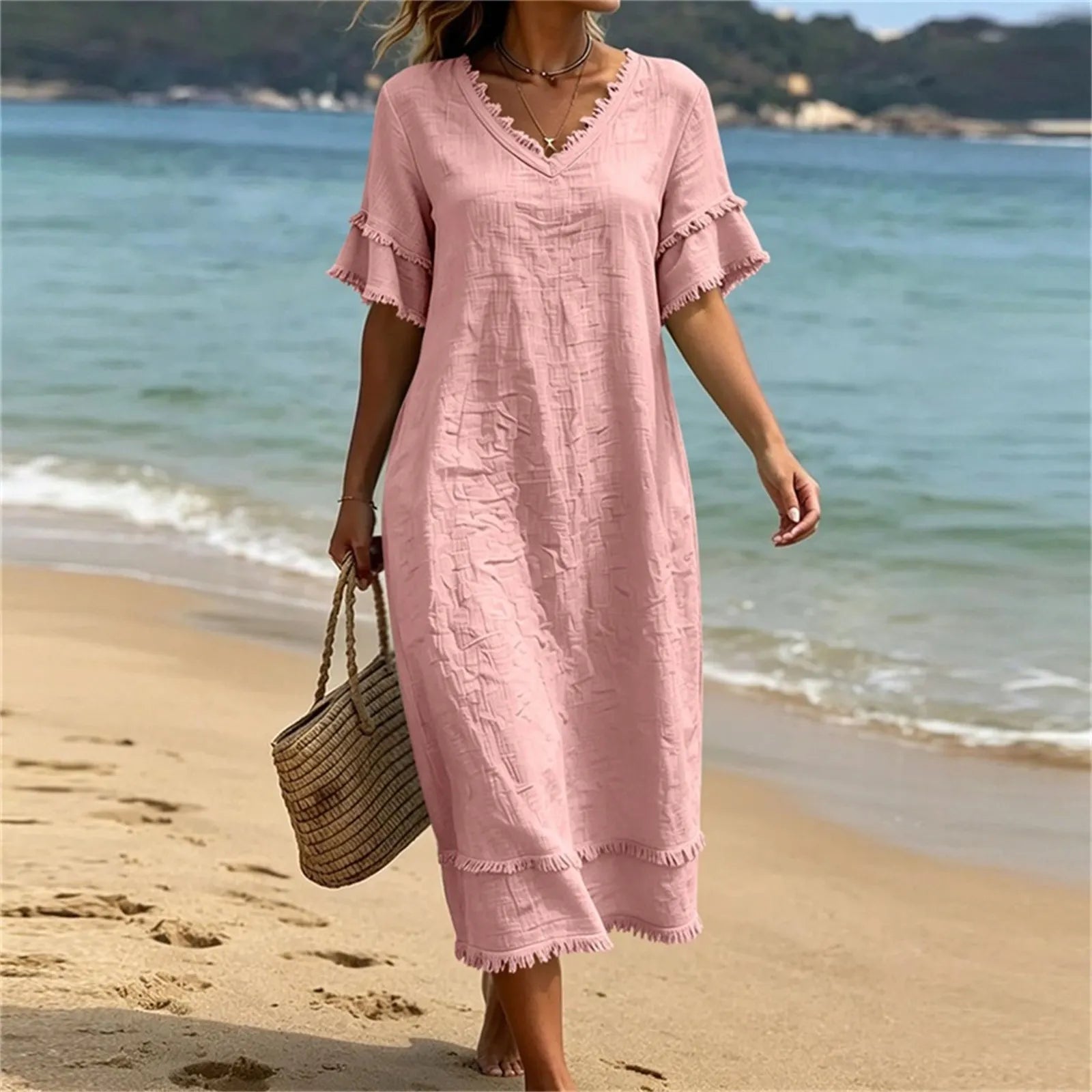 Vestido mujer bohemio con cuello en V y flecos
