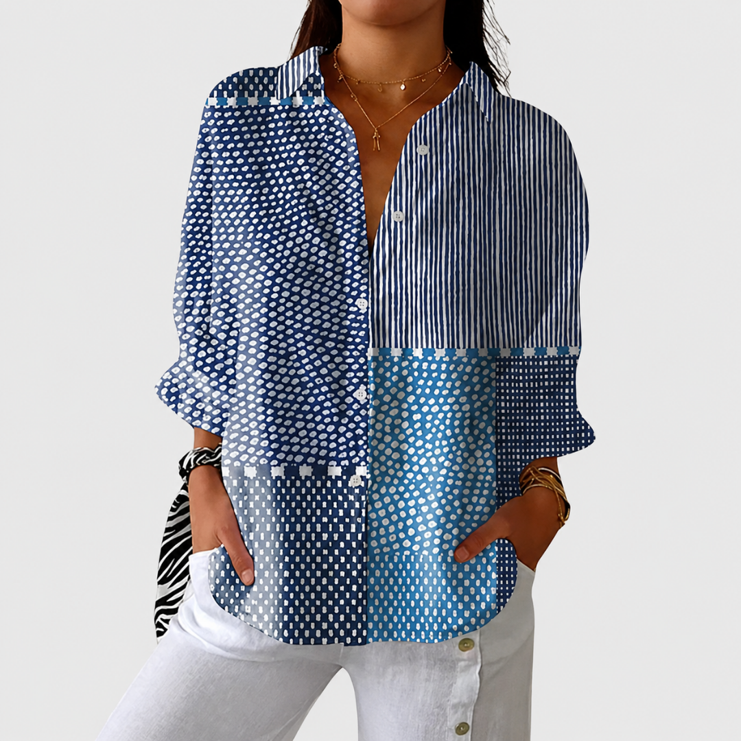 Blusa mujer patchwork con cuello clásico y botones