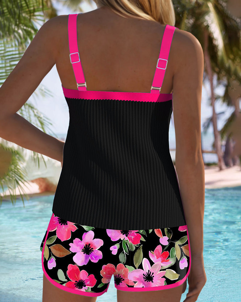 Tankini mujer dos piezas top acanalado ribete floral shorts playa verano