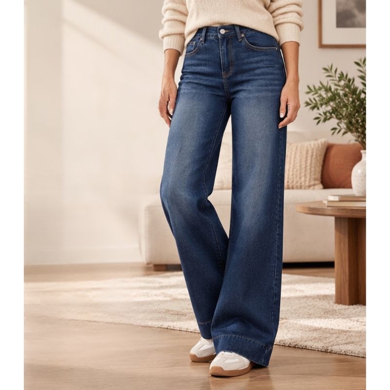 Pantalón vaquero de mujer de talle alto con pierna ancha