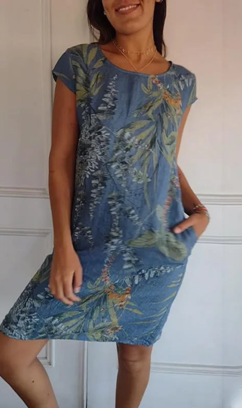 Vestido mujer fluido con estampado vegetal y bolsillos