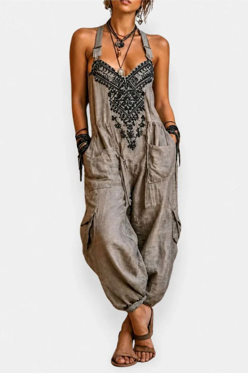 Mono bohemio de mujer bordado con tirantes y bolsillos holgado