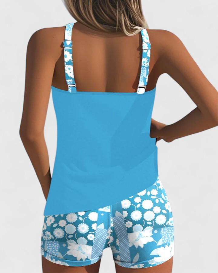 Tankini mujer dos piezas floral top liso espalda nadadora shorts deportivos