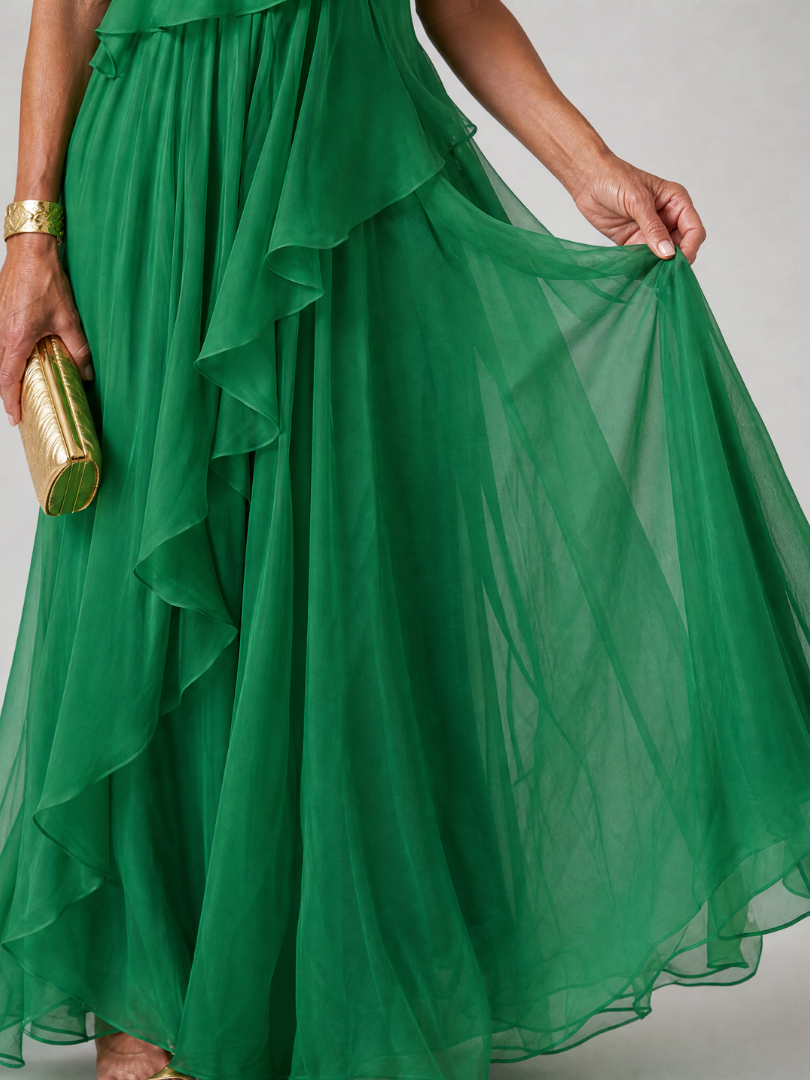 Vestido maxi asimétrico para mujer con volantes