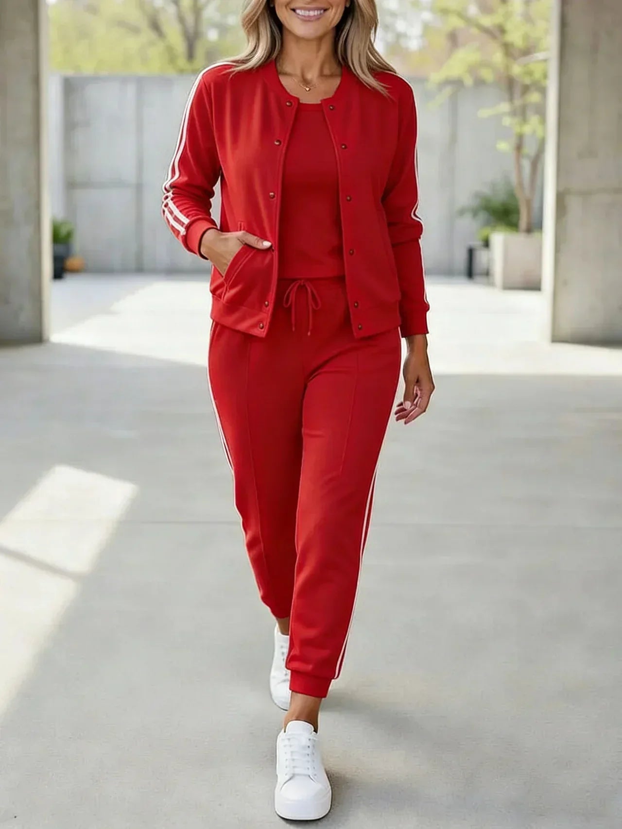 Conjunto mujer 3 piezas sport chic – chaqueta pantalón rayas elegantes