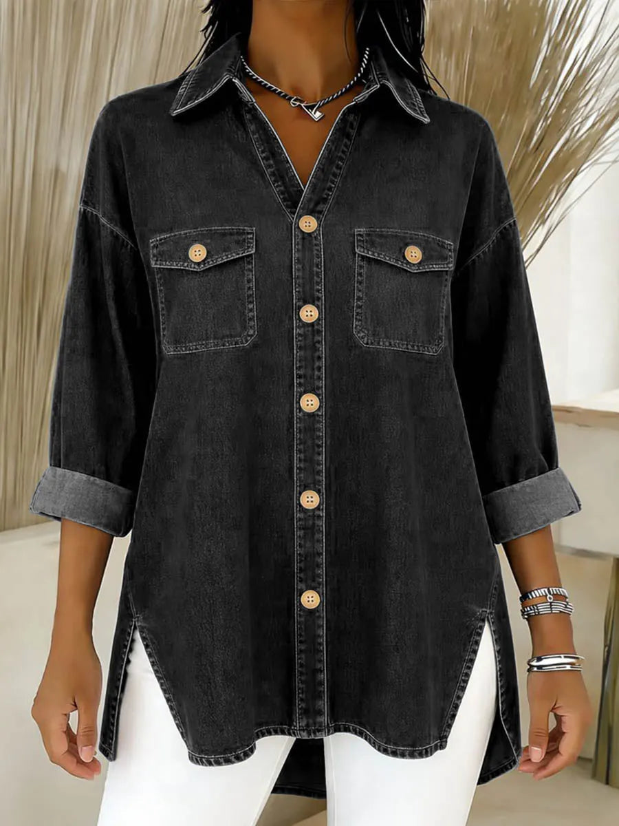 Camisa larga de denim para mujer con bolsillos y corte amplio