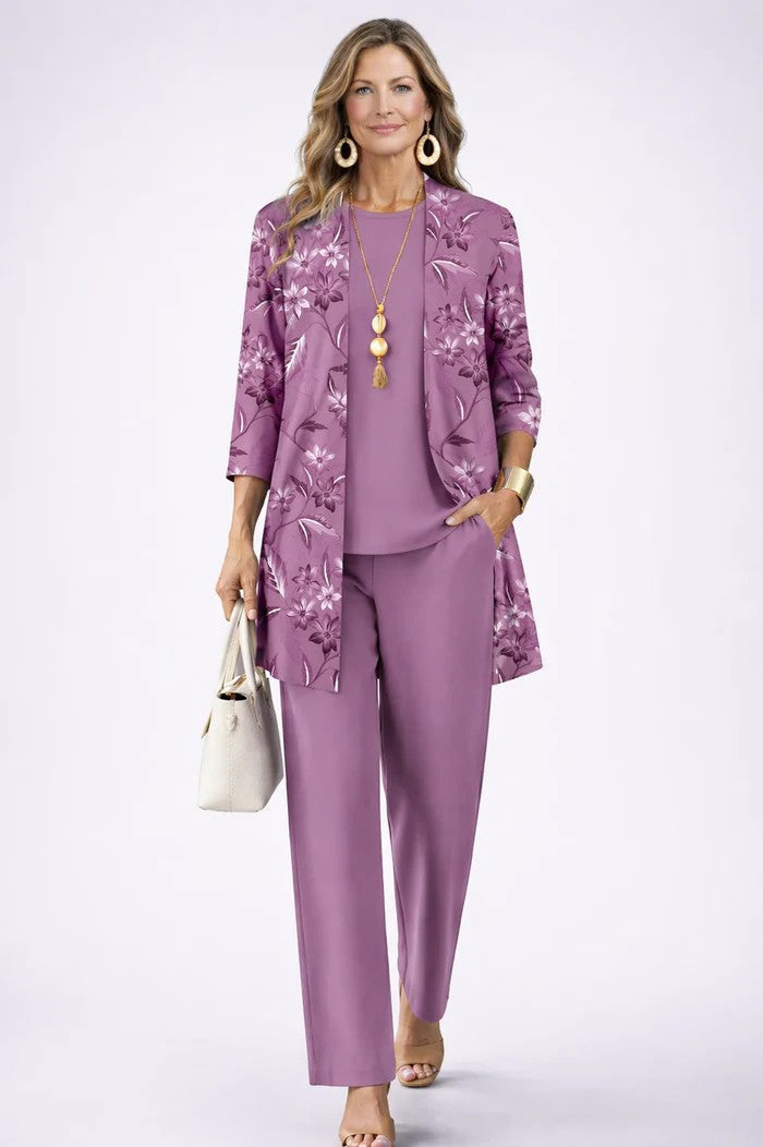 Conjunto mujer de tres piezas con cárdigan estampado elegante