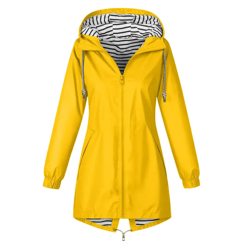 Impermeable largo con capucha y forro a rayas para mujer casual