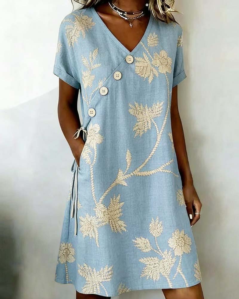Vestido mini floral para mujer con botones diagonales