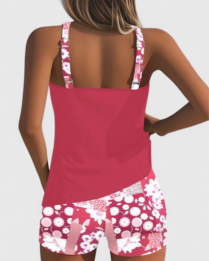 Tankini mujer dos piezas floral top liso espalda nadadora shorts deportivos