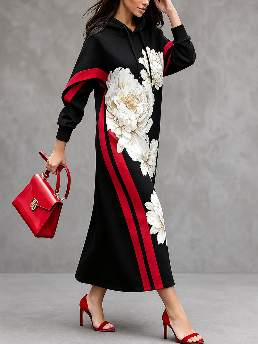 Vestido largo para mujer con capucha, estampado floral y detalles en contraste