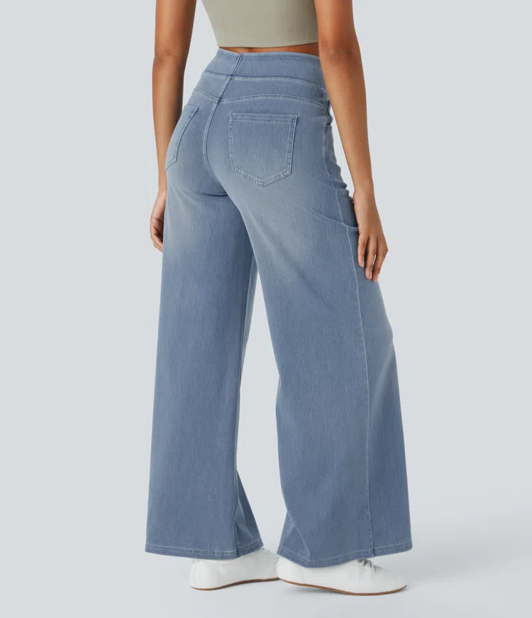 Jean mujer pierna ancha talle alto denim elástico moldeador casual moderno