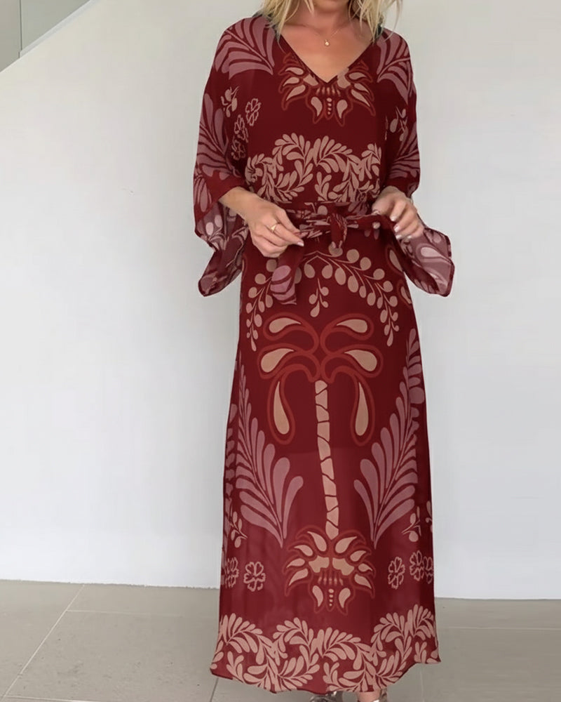 Vestido bohemio mujer maxi estampado hojas fluido elegante