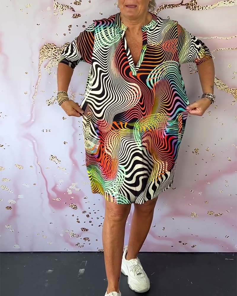 Vestido mujer corto estampado ondas abstractas cuello V cremallera bolsillos