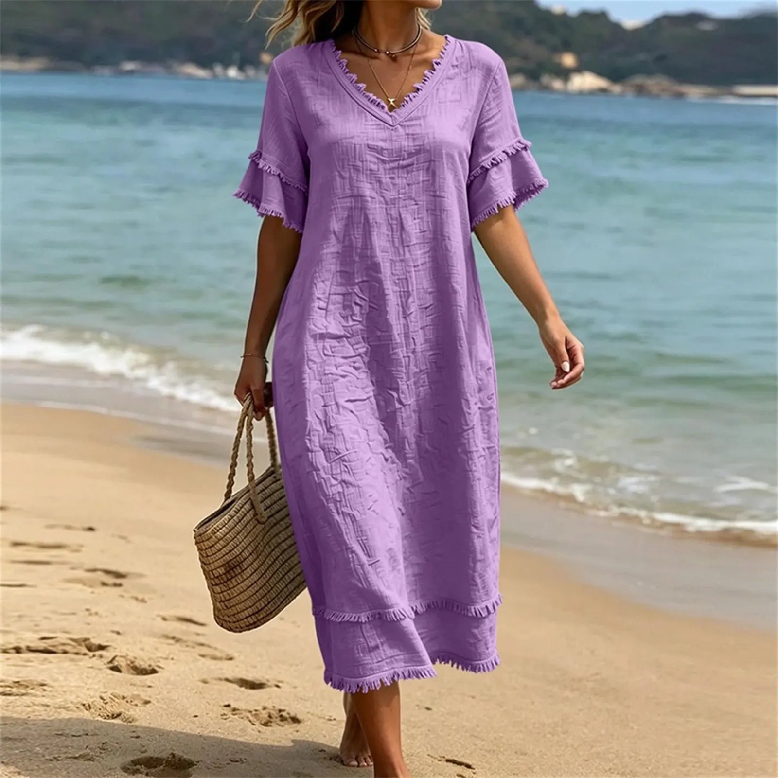 Vestido mujer bohemio con cuello en V y flecos