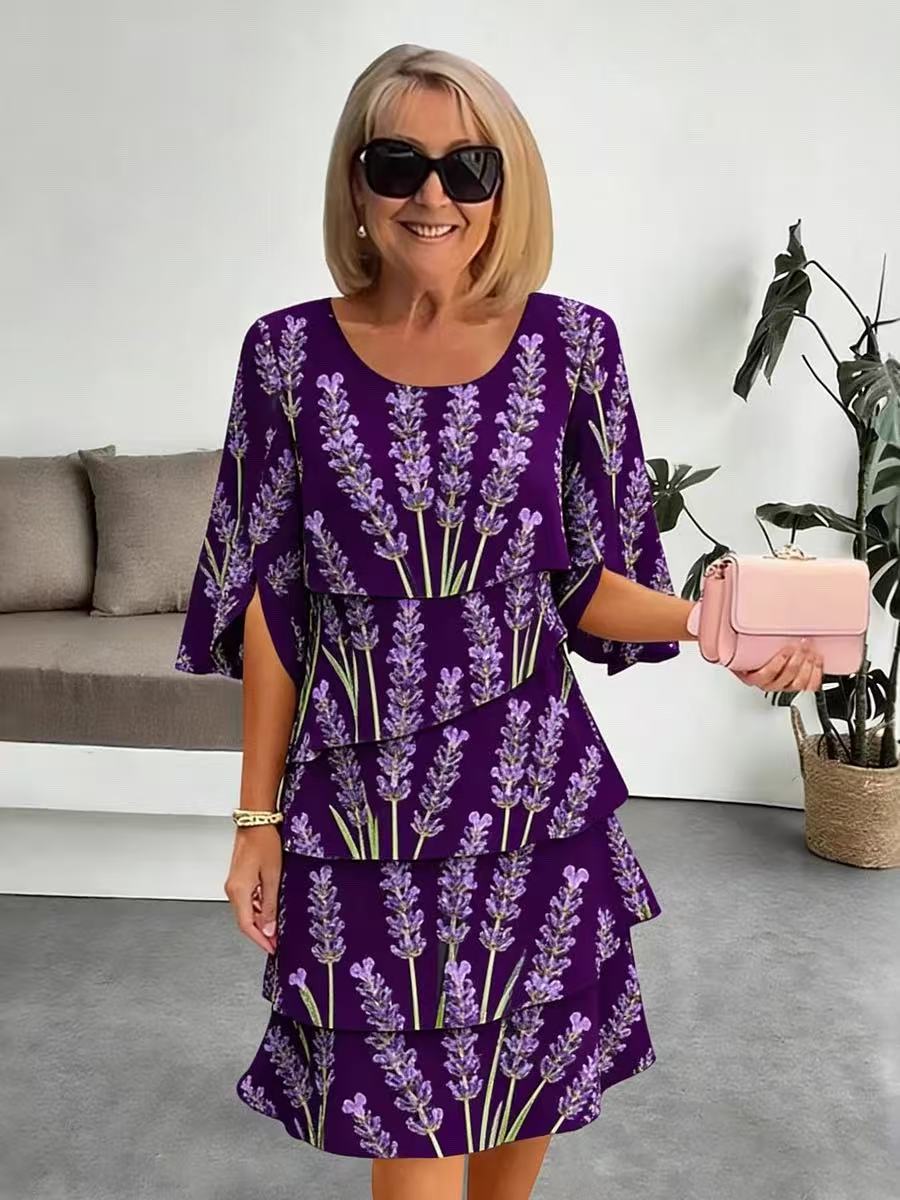 Vestido midi mujer estampado lavanda volantes escalonados mangas abiertas elegante