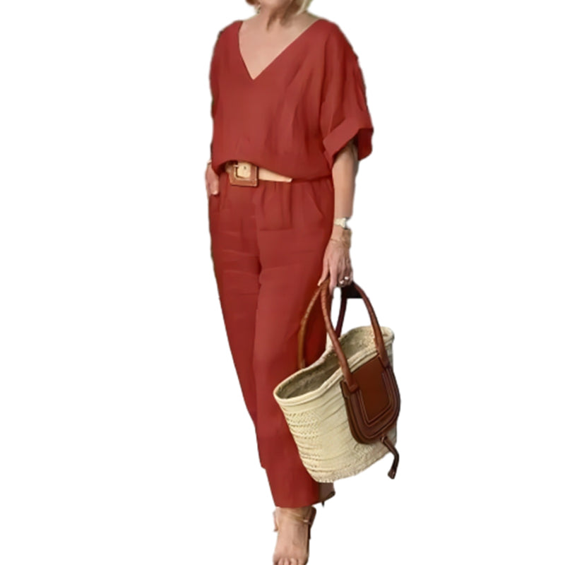 Conjunto mujer cuello V pantalón recto bolsillos casual chic
