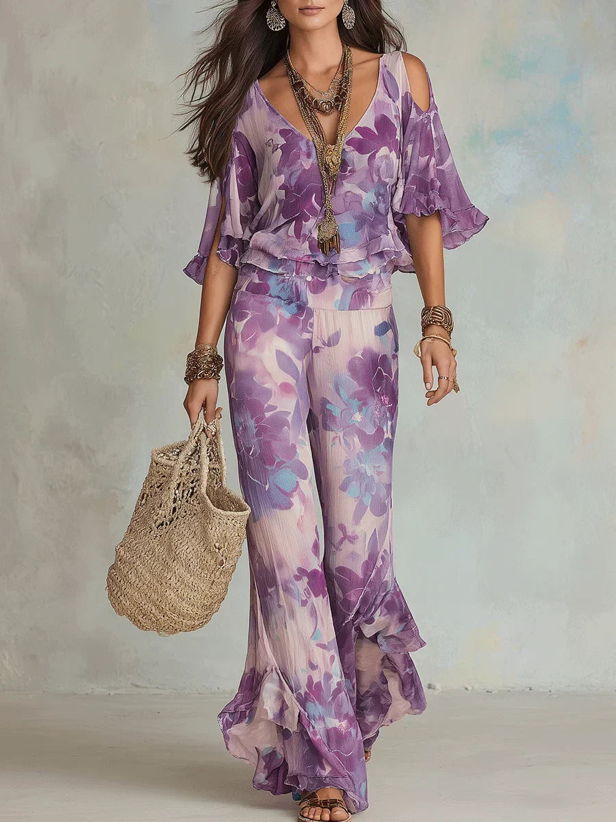 Conjunto mujer dos piezas floral top volantes pantalón acampanado boho